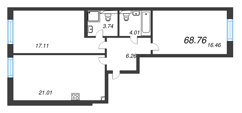 3-комнатная (Евро) квартира, 68.76 м² в ЖК "Цивилизация на неве" - планировка, фото №1