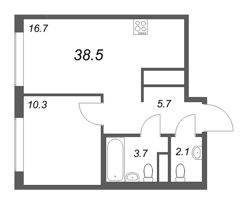 2-комнатная (Евро) квартира, 38.5 м² в ЖК "Гений" - планировка, фото №1