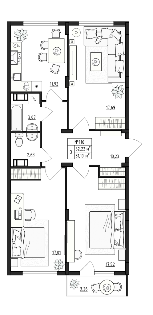 3-комнатная квартира, 81.1 м² - планировка, фото №1