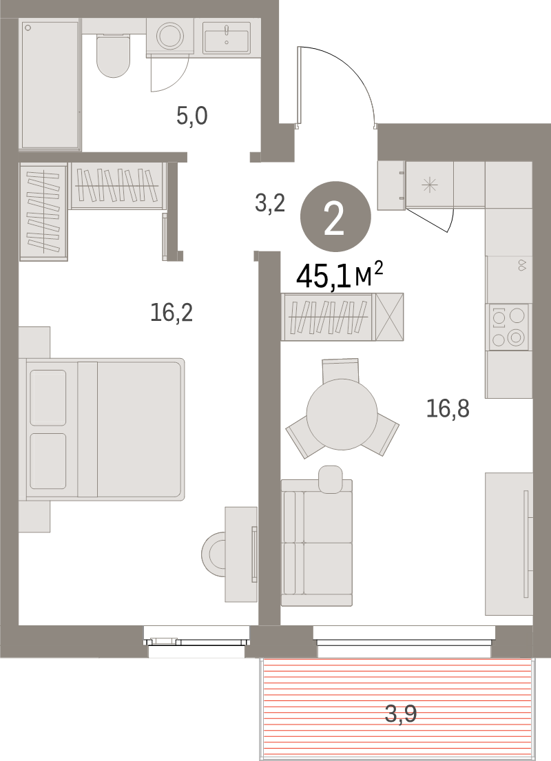 2-комнатная (Евро) квартира, 45.1 м² в ЖК "Северный ветер" - планировка, фото №1