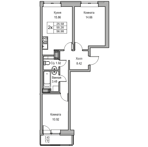 2-комнатная квартира, 56.98 м² в ЖК "Юнтолово" - планировка, фото №1