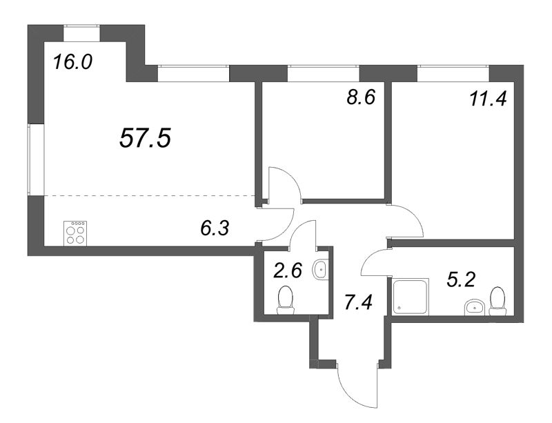 3-комнатная (Евро) квартира, 57.5 м² - планировка, фото №1