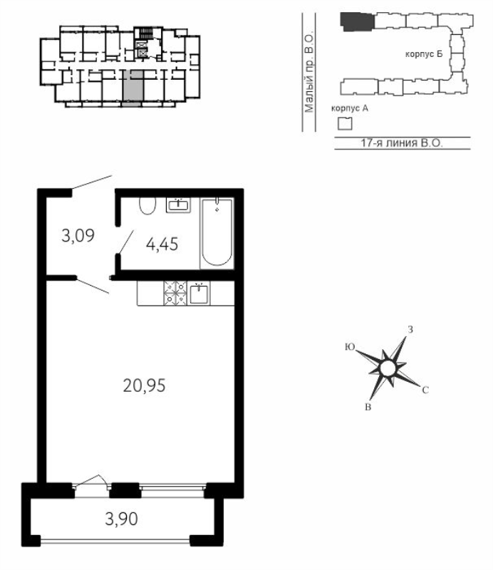 Квартира-студия, 29.66 м² в ЖК "17-я линия" - планировка, фото №1