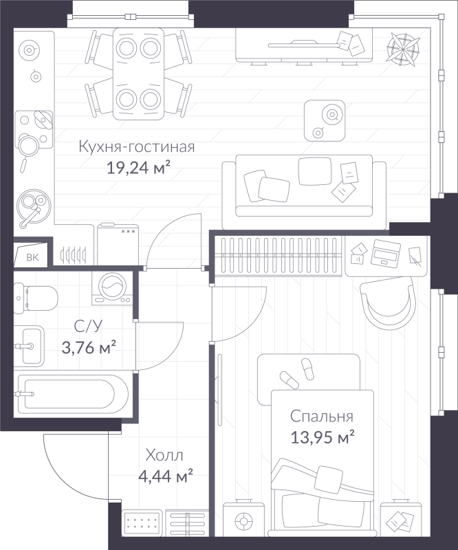 2-комнатная (Евро) квартира, 41.39 м² - планировка, фото №1