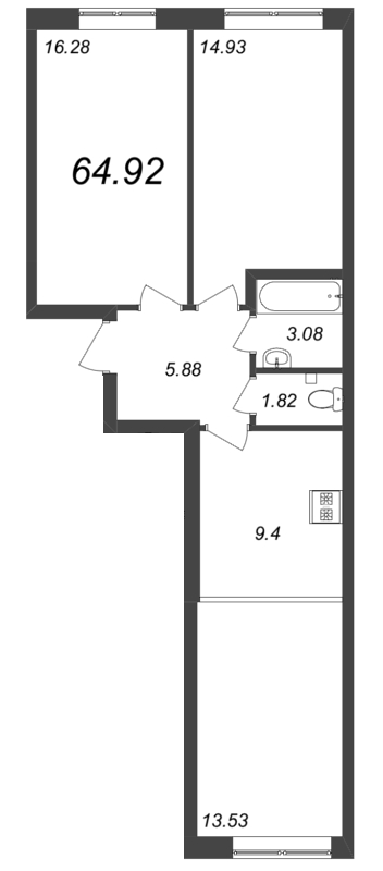 3-комнатная (Евро) квартира, 64.92 м² - планировка, фото №1
