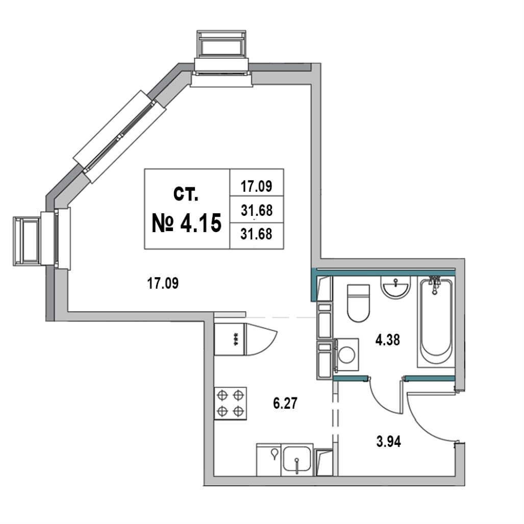 Квартира-студия, 31.68 м² в ЖК "Новый Город" - планировка, фото №1