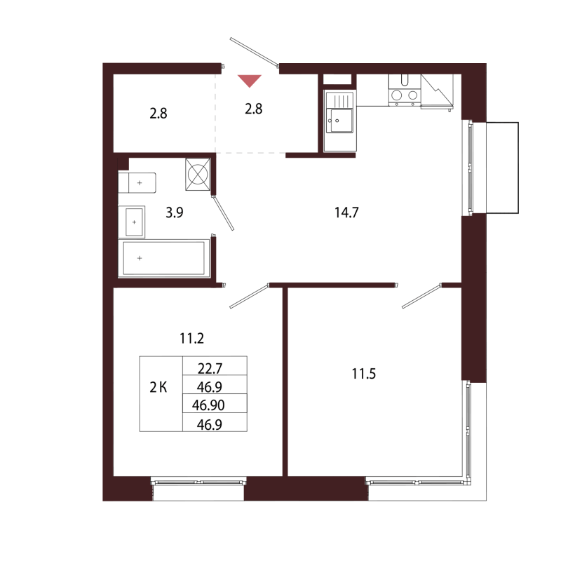 2-комнатная квартира, 46.9 м² в ЖК "Лисино" - планировка, фото №1