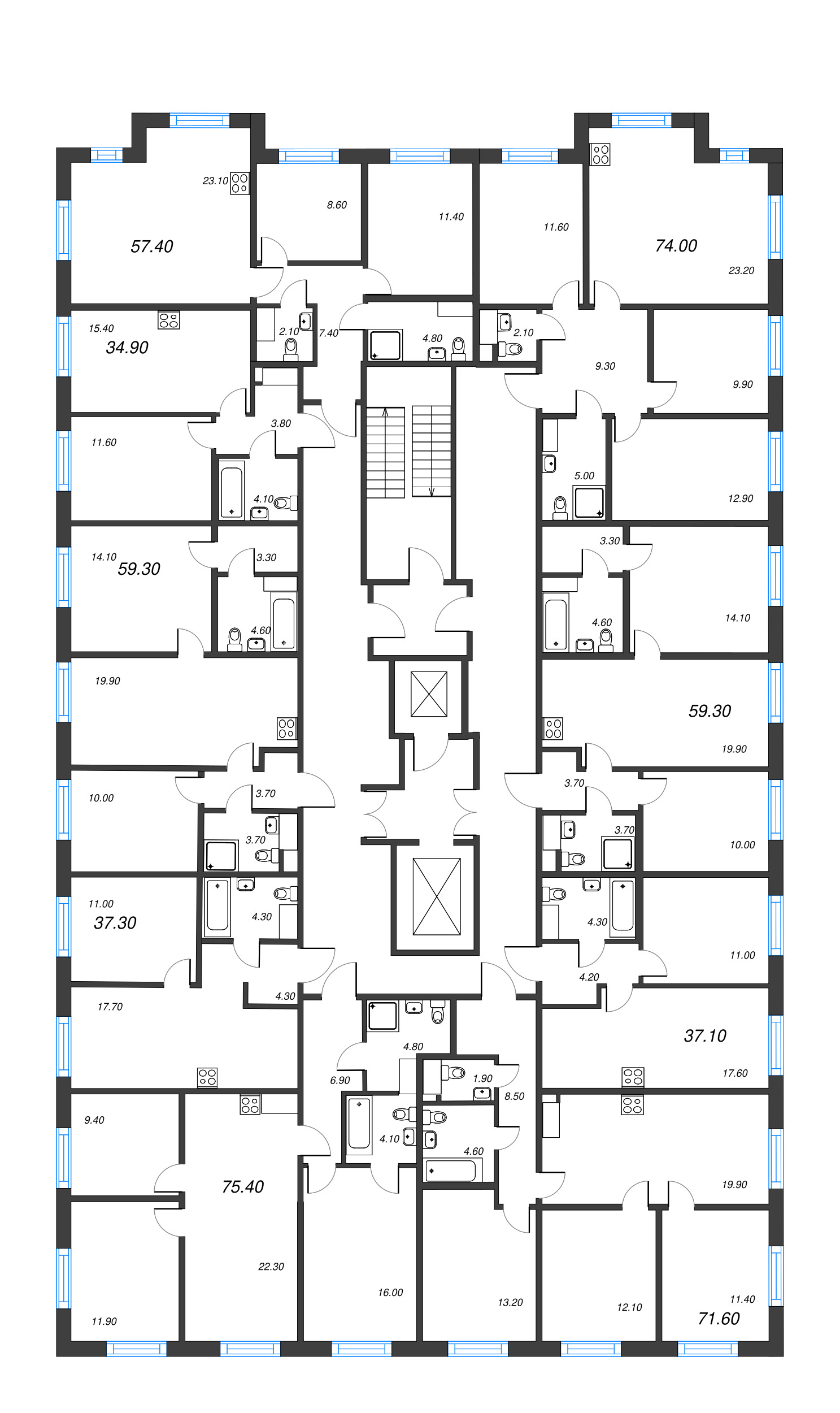 3-комнатная (Евро) квартира, 59.3 м² в ЖК "Парусная 1" - планировка этажа