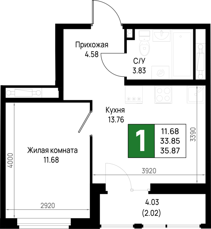 1-комнатная квартира, 35.87 м² в ЖК "Имена" - планировка, фото №1
