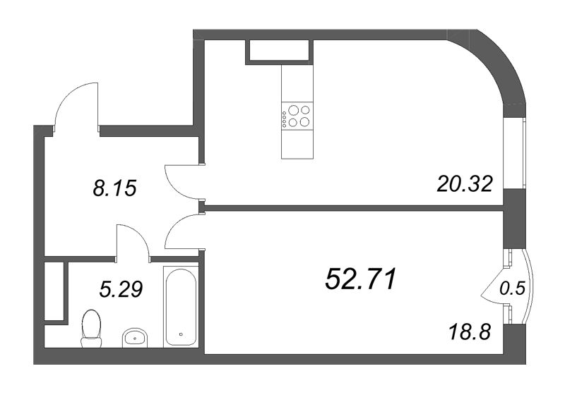 2-комнатная (Евро) квартира, 52.71 м² в ЖК "MONODOM-ART" - планировка, фото №1