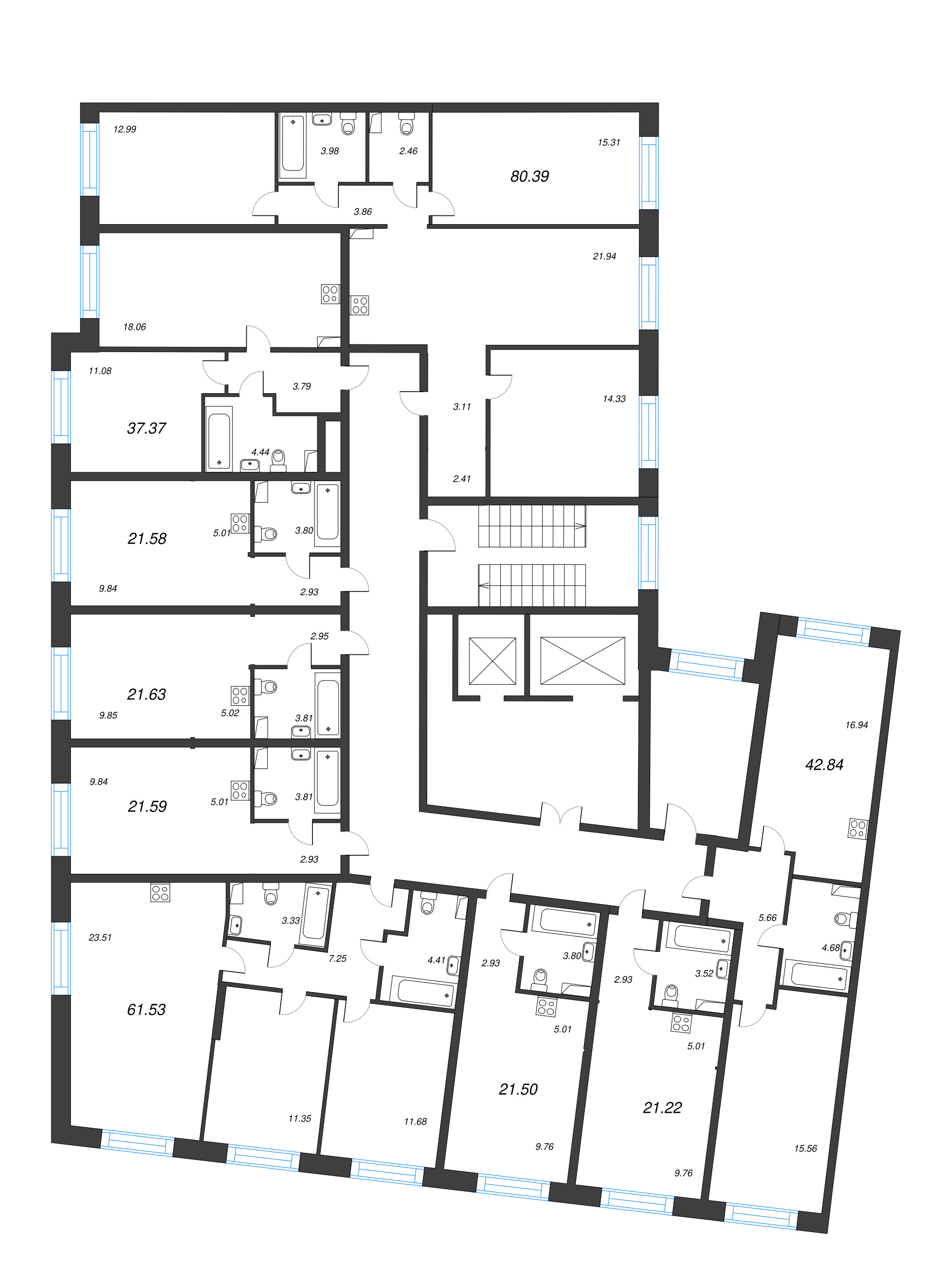 2-комнатная (Евро) квартира, 42.84 м² в ЖК "Остров Первых" - планировка этажа