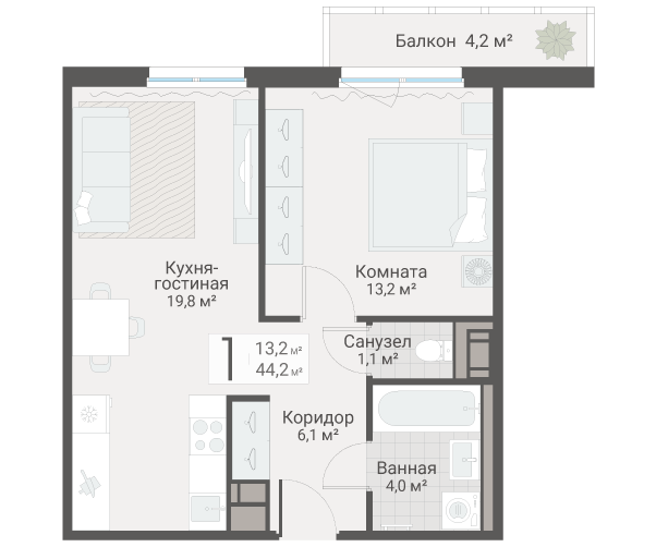 2-комнатная (Евро) квартира, 44.2 м² в ЖК "Руднева 15" - планировка, фото №1