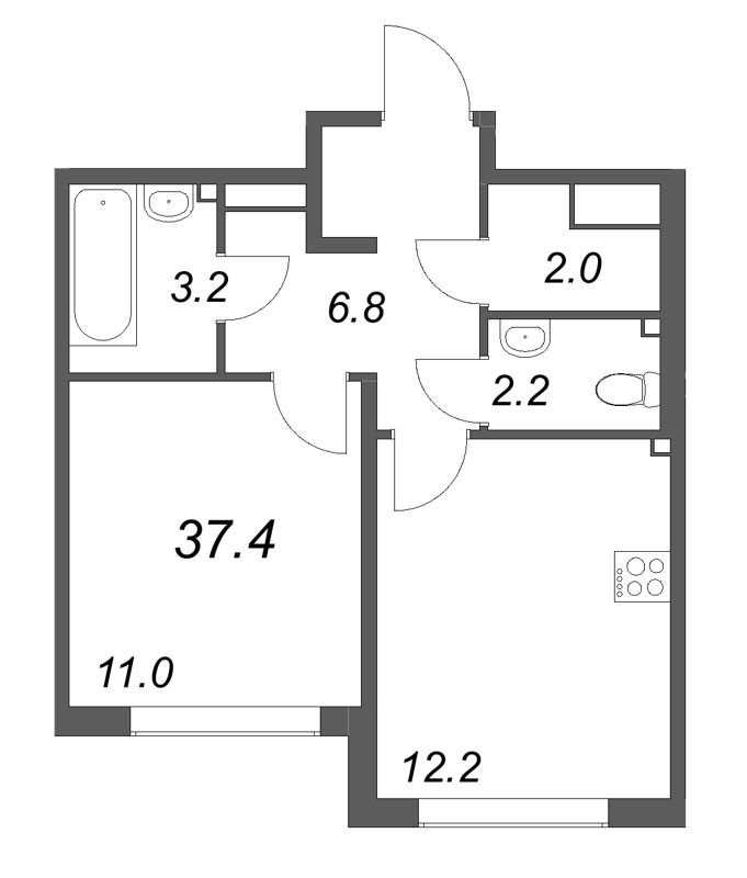 1-комнатная квартира, 37.4 м² в ЖК "Пулково Лейк" - планировка, фото №1