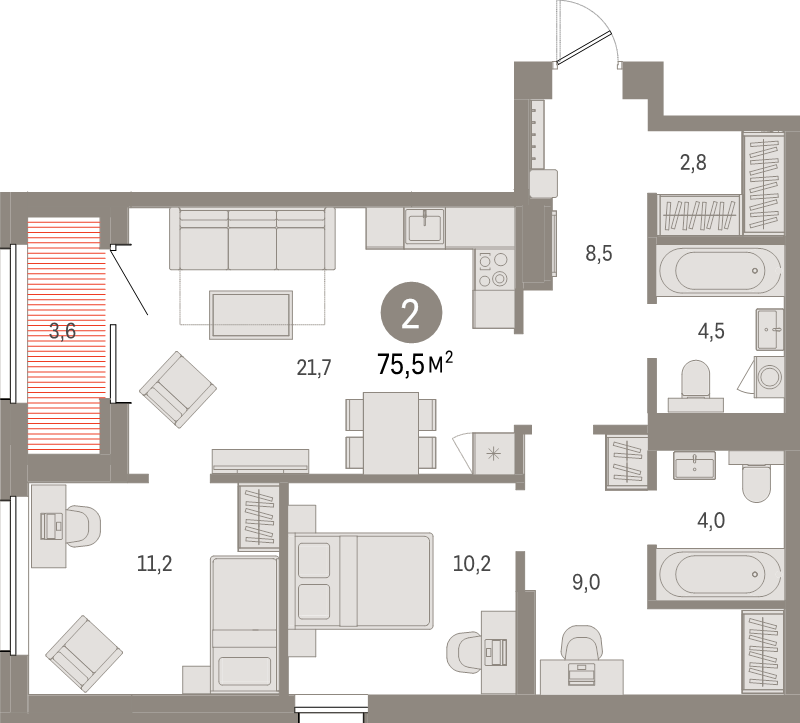 3-комнатная (Евро) квартира, 75.5 м² в ЖК "Северный ветер" - планировка, фото №1