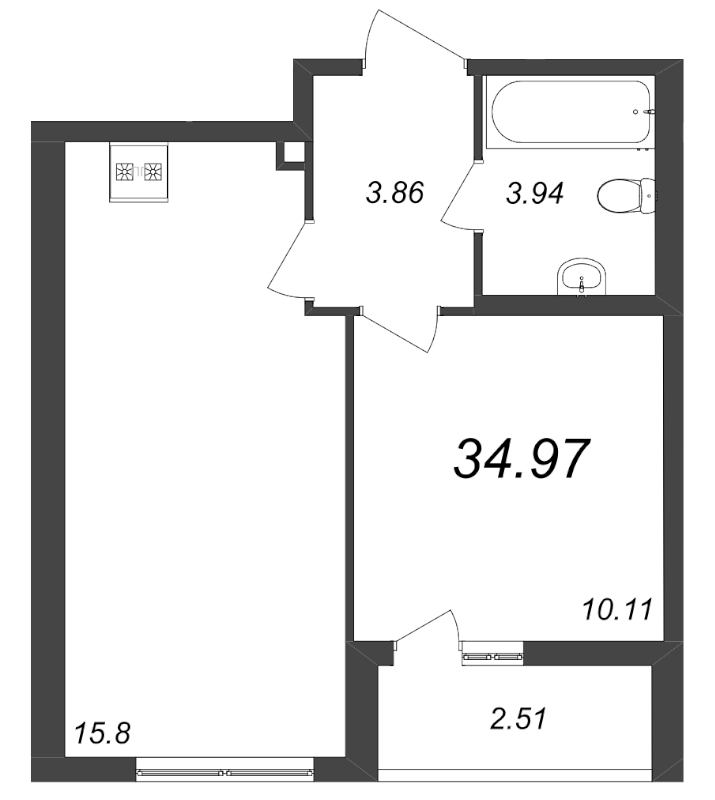 2-комнатная (Евро) квартира, 34.97 м² - планировка, фото №1