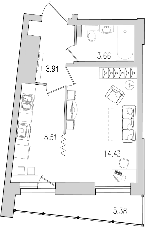 1-комнатная квартира, 35.9 м² в ЖК "Байрон" - планировка, фото №1