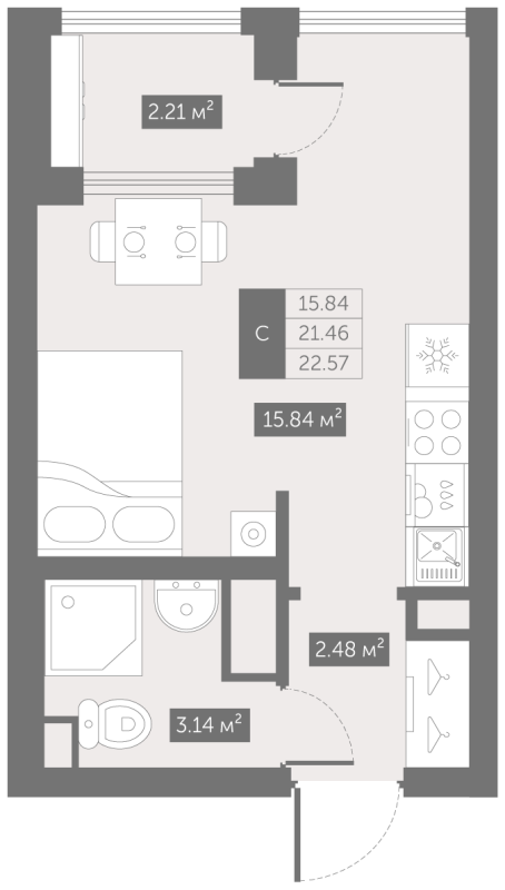 Квартира-студия, 22.57 м² - планировка, фото №1