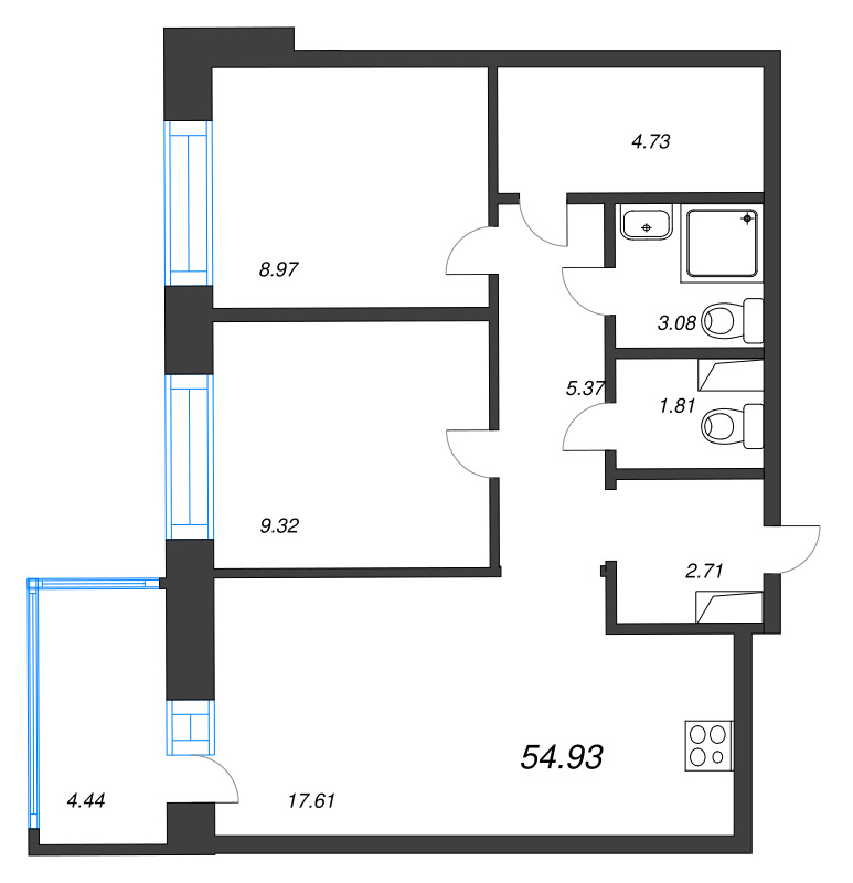 3-комнатная (Евро) квартира, 54.93 м² в ЖК "Уютный" - планировка, фото №1