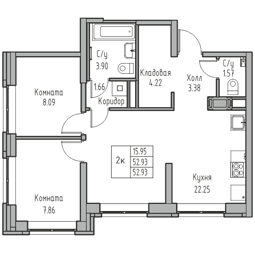 2-комнатная квартира, 53.08 м² в ЖК "Юнтолово" - планировка, фото №1