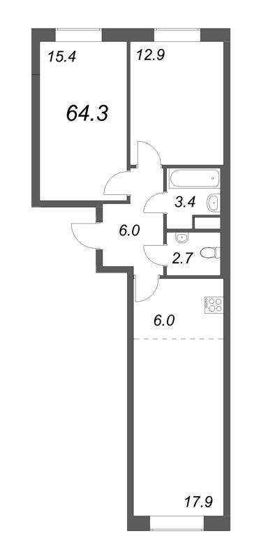 3-комнатная (Евро) квартира, 64.3 м² в ЖК "Neva Haus" - планировка, фото №1