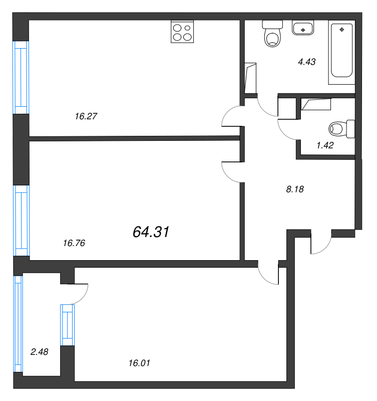 3-комнатная (Евро) квартира, 64.31 м² - планировка, фото №1