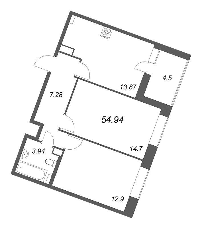 2-комнатная квартира, 54.94 м² в ЖК "Аквилон RekaPark" - планировка, фото №1