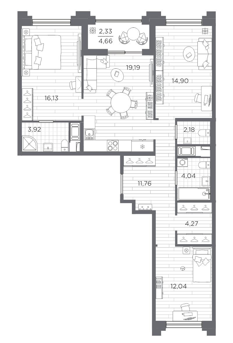 4-комнатная (Евро) квартира, 90.76 м² в ЖК "Ассамблея" - планировка, фото №1