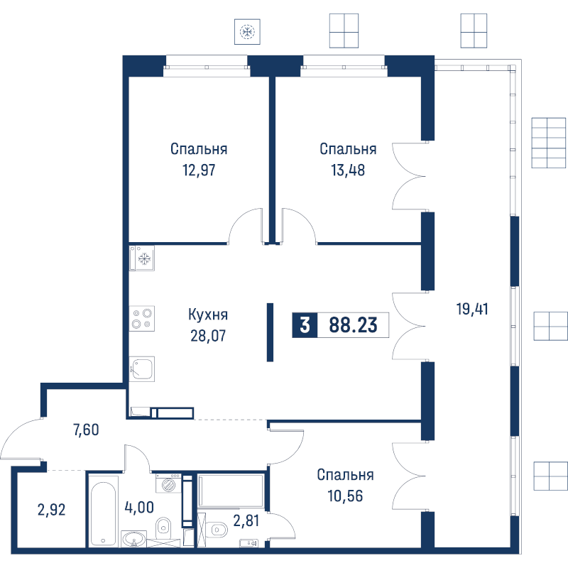 4-комнатная (Евро) квартира, 88.23 м² в ЖК "Символист" - планировка, фото №1