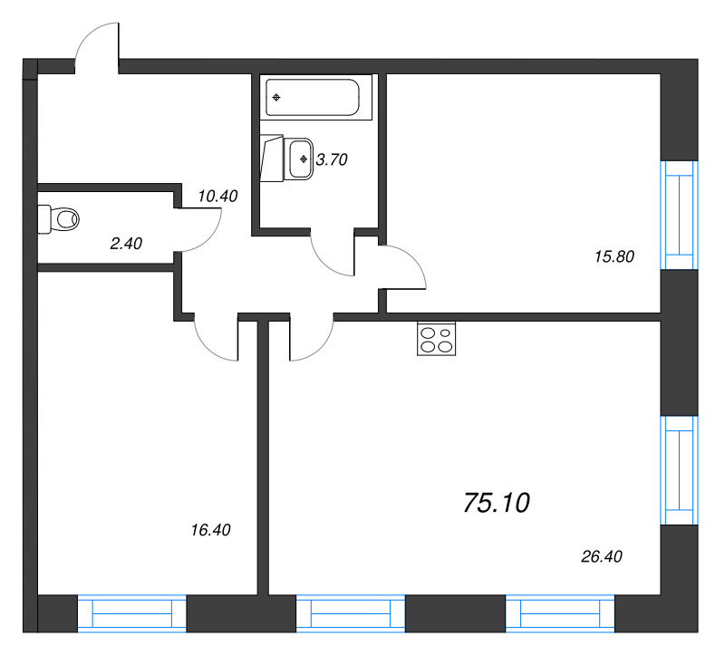 3-комнатная (Евро) квартира, 75.1 м² в ЖК "Neva Haus" - планировка, фото №1