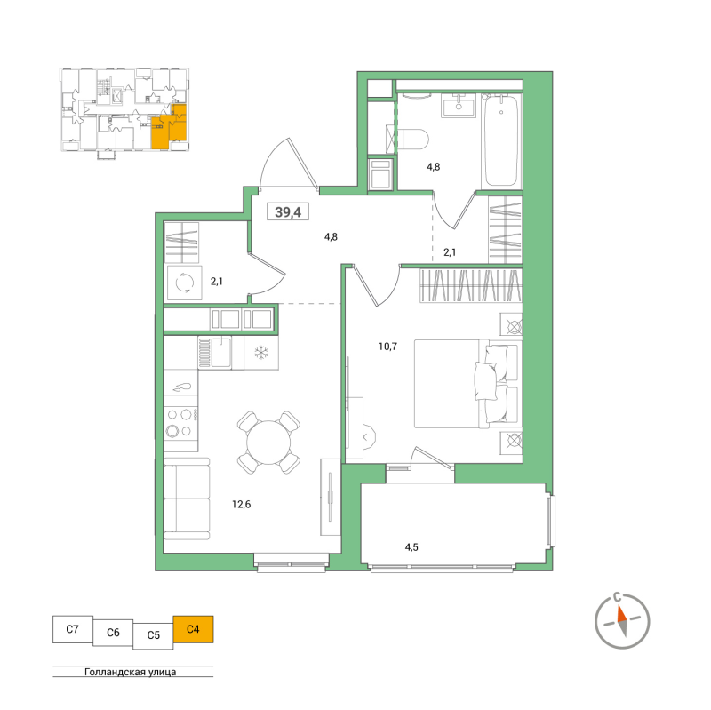 1-комнатная квартира, 39.4 м² в ЖК "Янила Форест" - планировка, фото №1