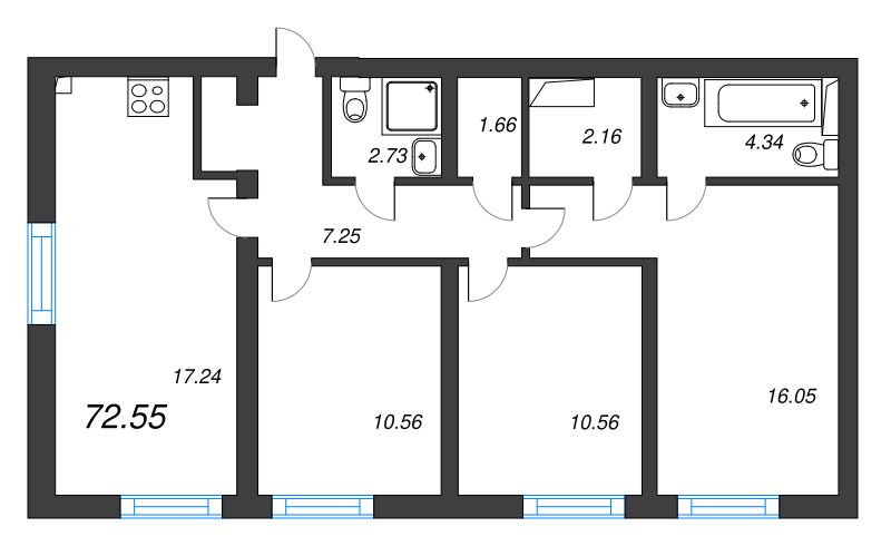 4-комнатная (Евро) квартира, 72.55 м² в ЖК "Морская миля" - планировка, фото №1