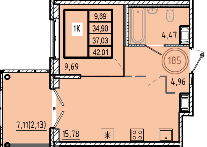 2-комнатная (Евро) квартира, 34.9 м² в ЖК "Образцовый квартал 9.1" - планировка, фото №1