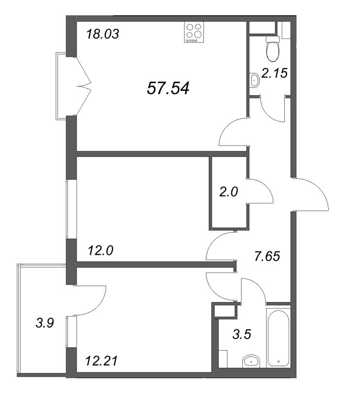 3-комнатная (Евро) квартира, 57.54 м² - планировка, фото №1