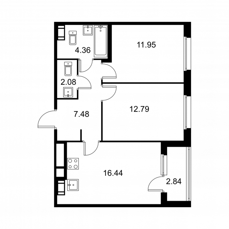 3-комнатная (Евро) квартира, 56.52 м² в ЖК "Квартал Заречье" - планировка, фото №1