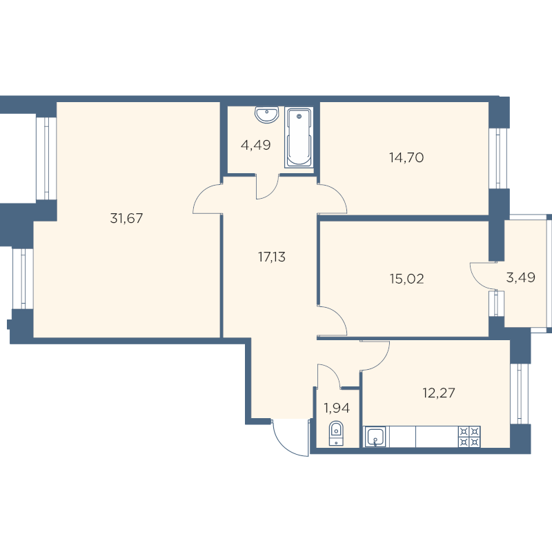 3-комнатная квартира, 98.04 м² - планировка, фото №1
