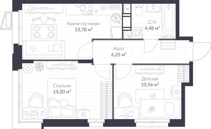 2-комнатная квартира, 49.27 м² - планировка, фото №1