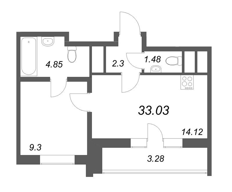 1-комнатная квартира, 33.03 м² в ЖК "Южный форт" - планировка, фото №1