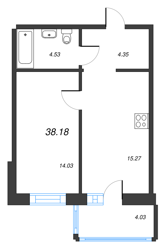 2-комнатная (Евро) квартира, 38.18 м² в ЖК "Чёрная речка" - планировка, фото №1