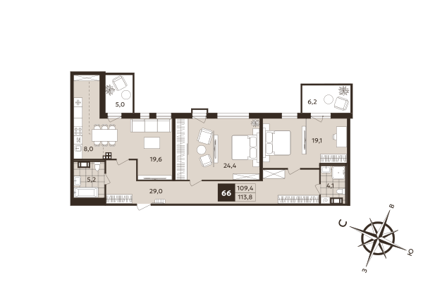 3-комнатная (Евро) квартира, 109.4 м² в ЖК "Дом на Бронницкой" - планировка, фото №1