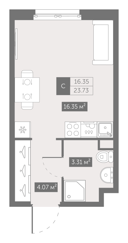 Квартира-студия, 24.2 м² в ЖК "Зум на Неве" - планировка, фото №1