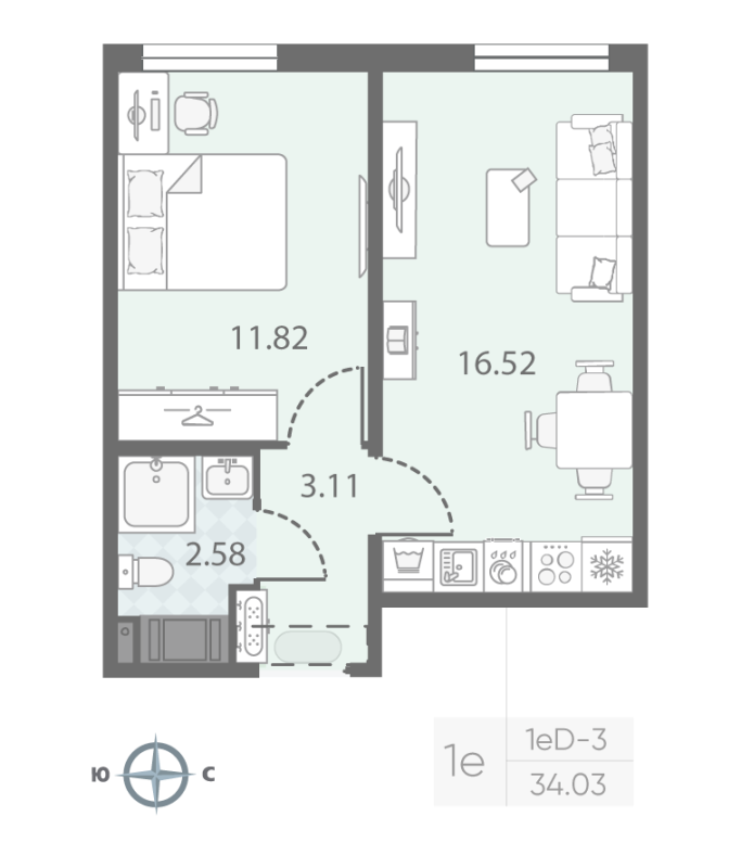 2-комнатная (Евро) квартира, 34.03 м² в ЖК "Морская миля" - планировка, фото №1