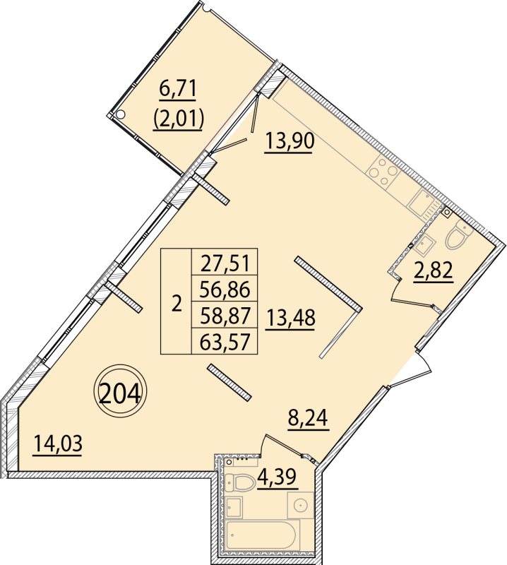 2-комнатная квартира, 56.86 м² в ЖК "Образцовый квартал 15" - планировка, фото №1