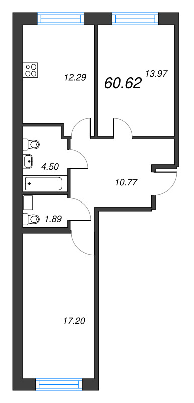 2-комнатная квартира, 60.62 м² - планировка, фото №1