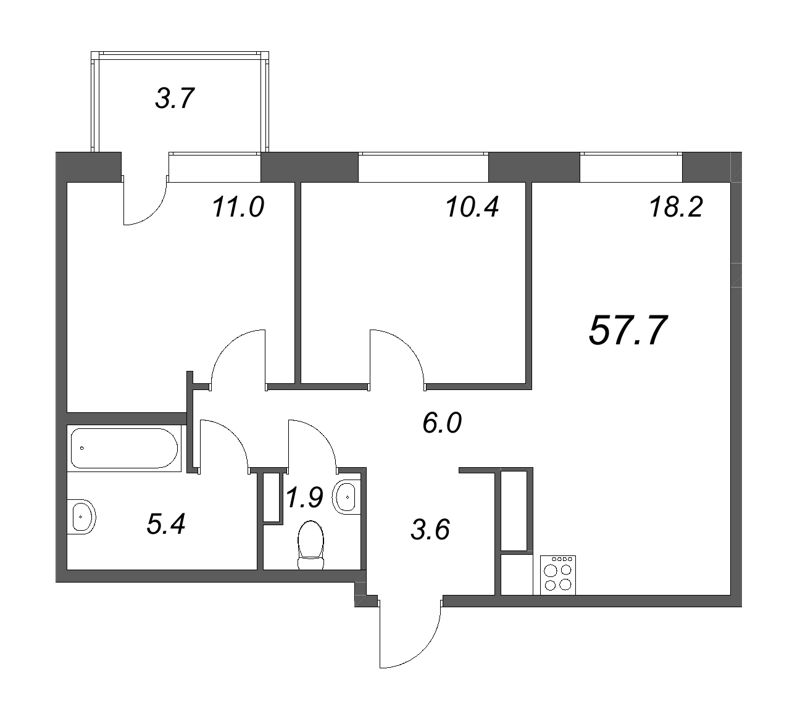 3-комнатная (Евро) квартира, 56.5 м² в ЖК "Куинджи" - планировка, фото №1