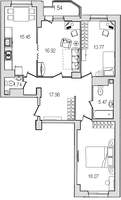 3-комнатная квартира, 91.7 м² - планировка, фото №1
