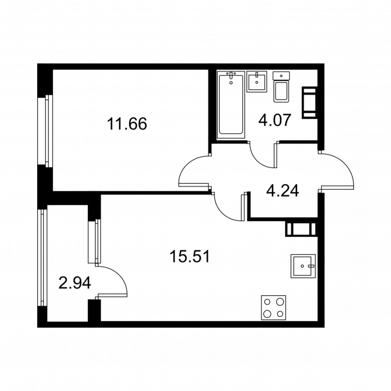 2-комнатная (Евро) квартира, 36.95 м² в ЖК "Квартал Заречье" - планировка, фото №1