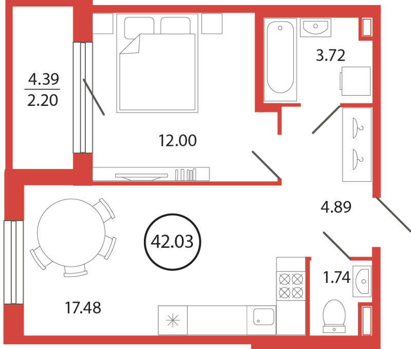 2-комнатная (Евро) квартира, 42.03 м² в ЖК "Энфилд" - планировка, фото №1
