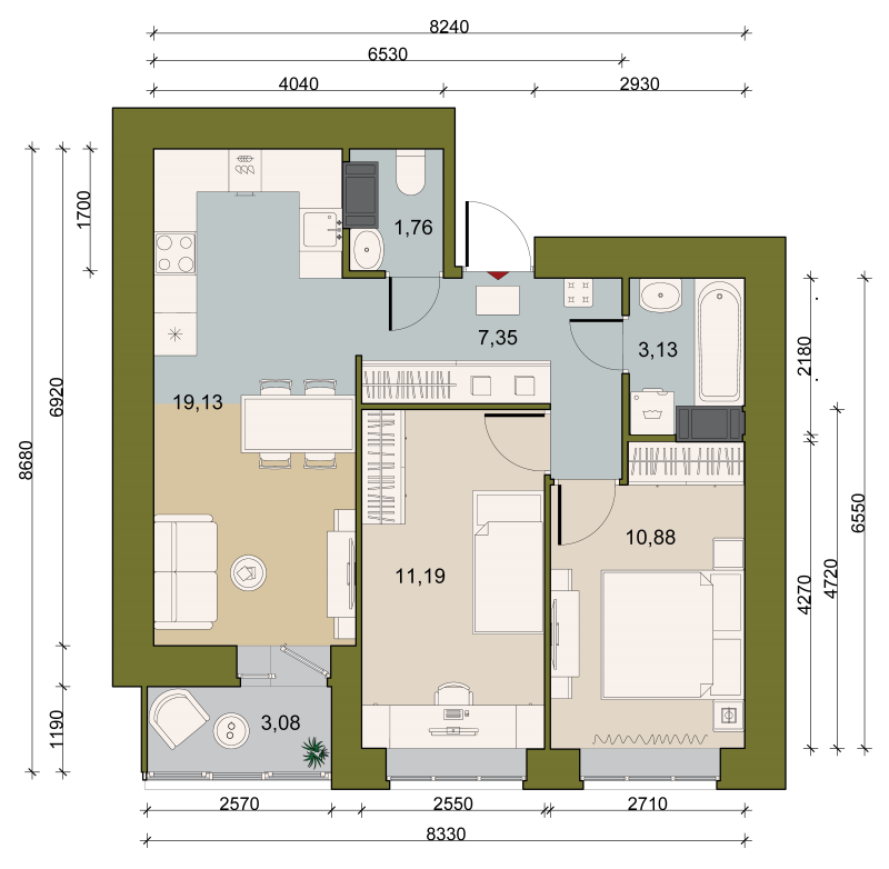 2-комнатная квартира, 55.98 м² - планировка, фото №1