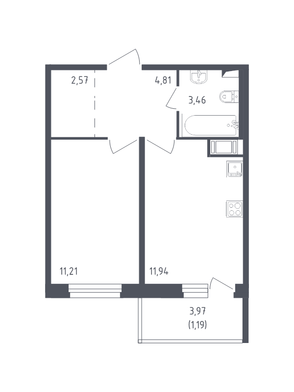 1-комнатная квартира, 35.18 м² - планировка, фото №1