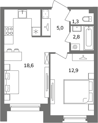 2-комнатная (Евро) квартира, 40.6 м² в ЖК "Антверпен" - планировка, фото №1